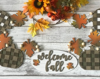 Herfst pompoen en bladeren banner, Buffalo Plaid, lasergesneden SVG (alleen digitaal bestand)