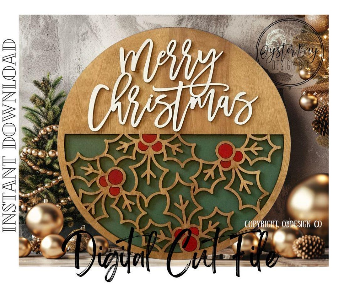 Merry Christmas Holly Door Hanger SVG Laser Cut File (digital File) - Etsy