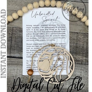 May include: A wooden cutout of a horse's head with a heart in the center. The cutout is brown and has a distressed look. The text "Unbridled Spirit" is written on a white card behind the cutout. The card also has text about the horse's spirit and the importance of respect and trust.