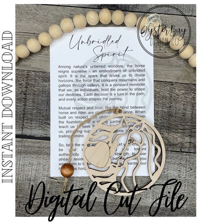 May include: A wooden cutout of a horse's head with a heart in the center. The cutout is brown and has a distressed look. The text "Unbridled Spirit" is written on a white card behind the cutout. The card also has text about the horse's spirit and the importance of respect and trust.