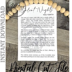 May include: A digital cut file design with a woodgrain background featuring the text "Silent Nights" in a white font with a black outline. The text "Holy Birth" is below in a smaller font. The design includes a quote about the birth of Jesus and the meaning of the nativity scene.