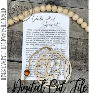 May include: A digital cut file design of a horse's head with the text "Unbridled Spirit" and a quote about the horse's spirit. The design is in a circle shape and is perfect for crafting projects.