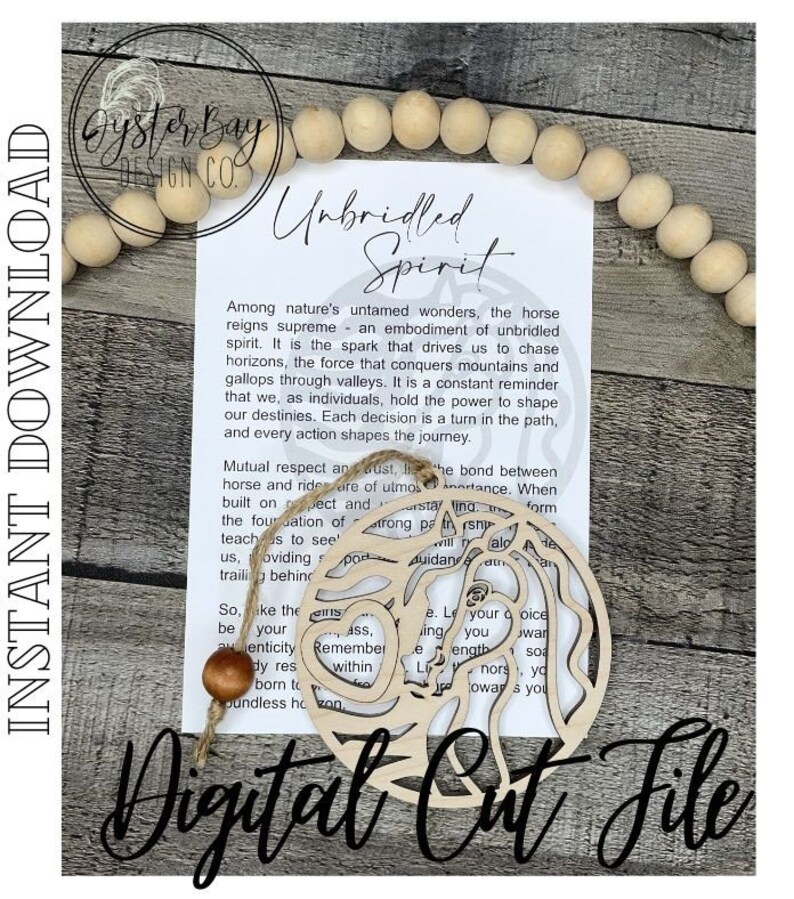 May include: A digital cut file design of a horse's head with the text "Unbridled Spirit" and a quote about the horse's spirit. The design is in a circle shape and is perfect for crafting projects.