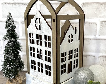 Christmas Village Farmhouse Lantern, Rustic Farmhouse Lantern, Faux Candle holder, Fairy Light Lantern, Centerpiece,  Digital File Only