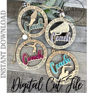 May include: Four wooden coach ornaments with different sports figures and the word "Coach" in various colours. Each ornament has a circular design with positive attributes around the edge. The text "Instant Download" and "Digital Cut File" are also visible.