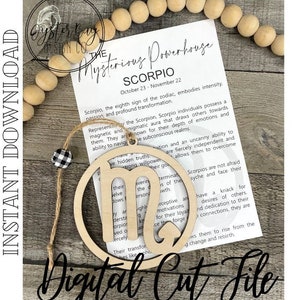 May include: A wooden cutout of the Scorpio zodiac sign with the text "The Mysterious Powerhouse Scorpio October 23 - November 22" on a white background.