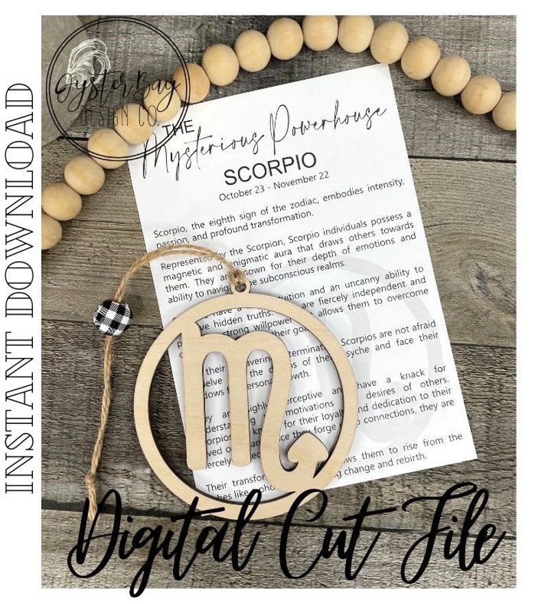 May include: A wooden cutout of the Scorpio zodiac sign with the text "The Mysterious Powerhouse Scorpio October 23 - November 22" on a white background.