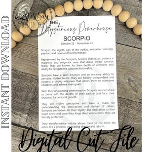 May include: A white printable digital download with the text "The Mysterious Powerhouse Scorpio" and a description of the Scorpio zodiac sign. The text "October 23 - November 22" is also included.