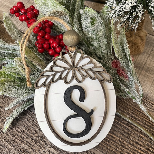 Oval Farmhouse Initial Ornament, Vintage Christmas, Christmas Cameo Ornament Farmhouse Christmas, Rustic Christmas ***Digital File Only