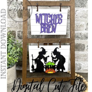 May include: A digital cut file for a Halloween craft project featuring two witches stirring a cauldron with a purple "Witches Brew" sign.