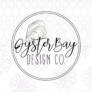May include: Black and white logo design with the text "Oyster Bay Design Co." in a cursive font. An oyster shell is featured in the center of the logo.
