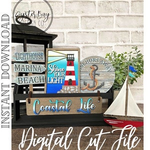 Complemento para carrinho intercambiável/caixa/suporte de prateleira elevado - Coastal Life SVG, bandeja em camadas para farol, carrinho de âncora/caixa, arquivo digital somente
