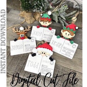 Ornement de carte postale SVG, père Noël, renne, décorations de Noël elfes, version toutes les partitions incluse, ornement de père Noël carte postale *** fichier numérique uniquement
