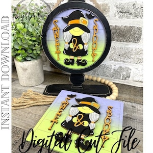 ADD ON Tabletop Farmhouse Drop in Interchangeable Insert, Gnome Witch SVG, Halloween Witch Round/Square Tabletop Sign *Digital File Only