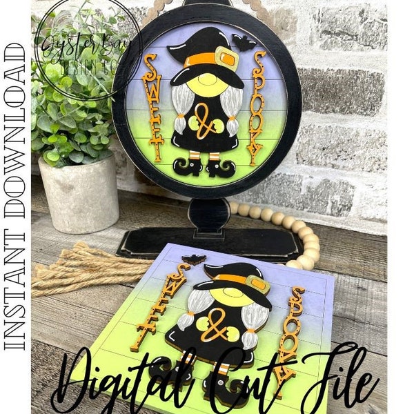 ADD ON Tabletop Farmhouse Drop in Interchangeable Insert, Gnome Witch SVG, Halloween Witch Round/Square Tabletop Sign *Digital File Only