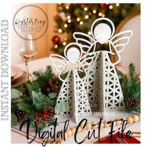 May include: Two white wooden angel figurines with geometric cutouts, displayed on a table with festive greenery and a string of wooden beads. The image includes the text "Instant Download" and "Digital Cut File".