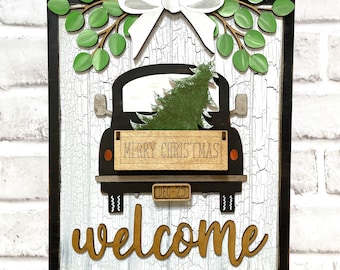 Farm Truck Interchangeable Door Hanger - Interchangeable Door Hanger with 10 Seasons included, Red Truck Décor, Farmhouse, Digital File only