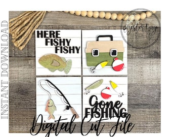 May include: Four wooden signs with a fishing theme. The signs say "Here Fishy Fishy", "Gone Fishing", and have a fish and a fishing tackle box.