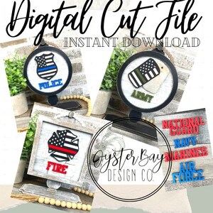 Könnte beinhalten: Digitale Schnittmuster für Polizei, Feuerwehr und Armee. Die Designs zeigen amerikanische Flaggen mit dem Namen der Dienststelle darunter. Die Designs stehen zum sofortigen Download bereit.