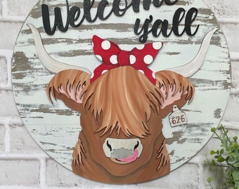 GLOWFORGE FRIENDLY Highlands Cow Door Hanger, Highlands Cow with Bandana Door Hanger, Door Decorations, Door Hanger SVG, Digital File only