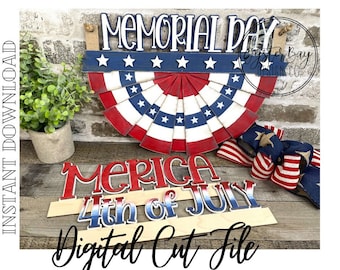 American Flag Bunting Interchangeable, 3 Phrases Included (4th of July, Memorial Day, 'Merica) Patriotic Door Hanger ***Digital File Only