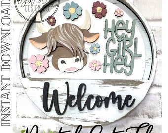 Add-On Insert for 10.50" Interchangeable Door Hanger/Interior Sign, Highlands Cow Hey Girl Hey, Highlands Cow Sign SVG, Digital File only