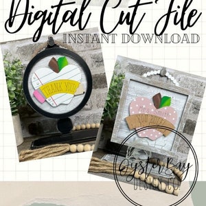 May include: Two digital cut files for a teacher appreciation gift. One design features a red apple with a pencil and the text "Thank You". The other design features a pink apple with the text "You Rule" and "Mrs. Smith".