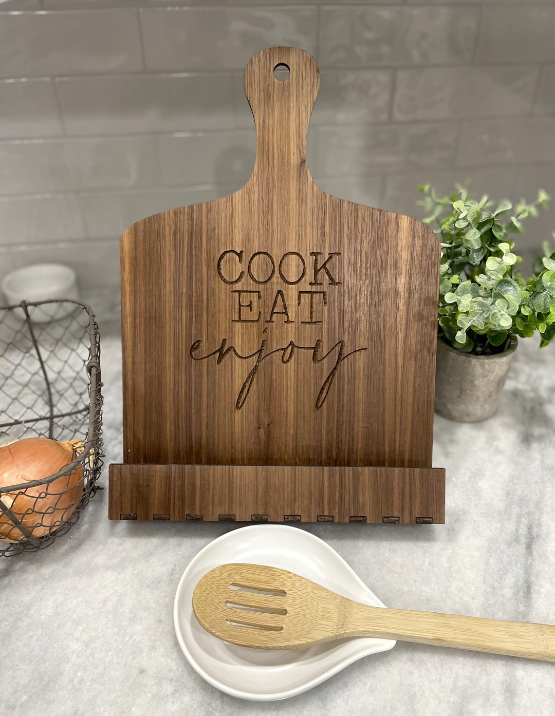 Cutting Board Cookbook Holder Cook, Eat, Enjoy Cookbook Stand SVG Farmhouse Cookbook Holder SVG