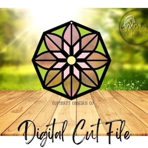 May include: A stained glass-style digital cut file featuring a geometric floral design. The design includes pink, green, and brown segments, with a yellow center, all outlined in black. The words "Digital Cut File" are written in cursive.