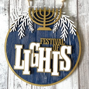 Glowforge Friendly - 10.5&quot; Hanukkah Door Hanger w/Greens and Menorah and Star of David SVG, Festival of Lights Door SVG, Digital File only