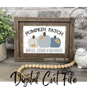 May include: A framed sign with the words "PUMPKIN PATCH" and "APPLES, CIDERS & HAYRIDES". The sign features three blue and white pumpkins. The frame is brown, and the background is a white, wood-paneled design.