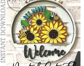 Add-On Insert for 10.50" Interchangeable Door Hanger/Interior Sign, Sunflowers and Bees, Bee Happy Sign, Digital File only