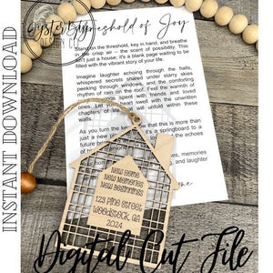 May include: A wooden house-shaped cutout with a grid pattern and the text "New Home, New Memories, New Beginnings, 123 Pine Street, Woodstock, GA, 2024".