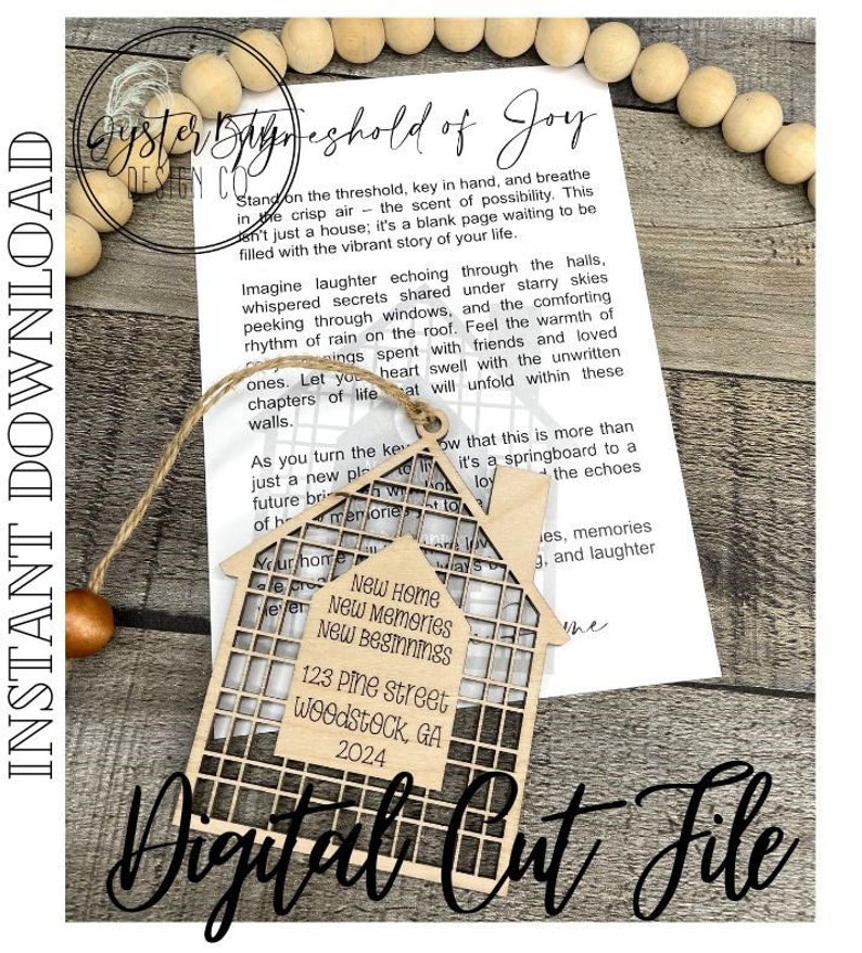 May include: A wooden house-shaped cutout with a grid pattern and the text "New Home, New Memories, New Beginnings, 123 Pine Street, Woodstock, GA, 2024".