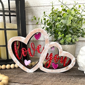 Double Heart Valentine&#39;s Day Shelf Sitter, Valentine&#39;s Day Shelf Sitter, Love You Sign SVG, Farmhouse Style Sign SVG **DIGITAL File Only**