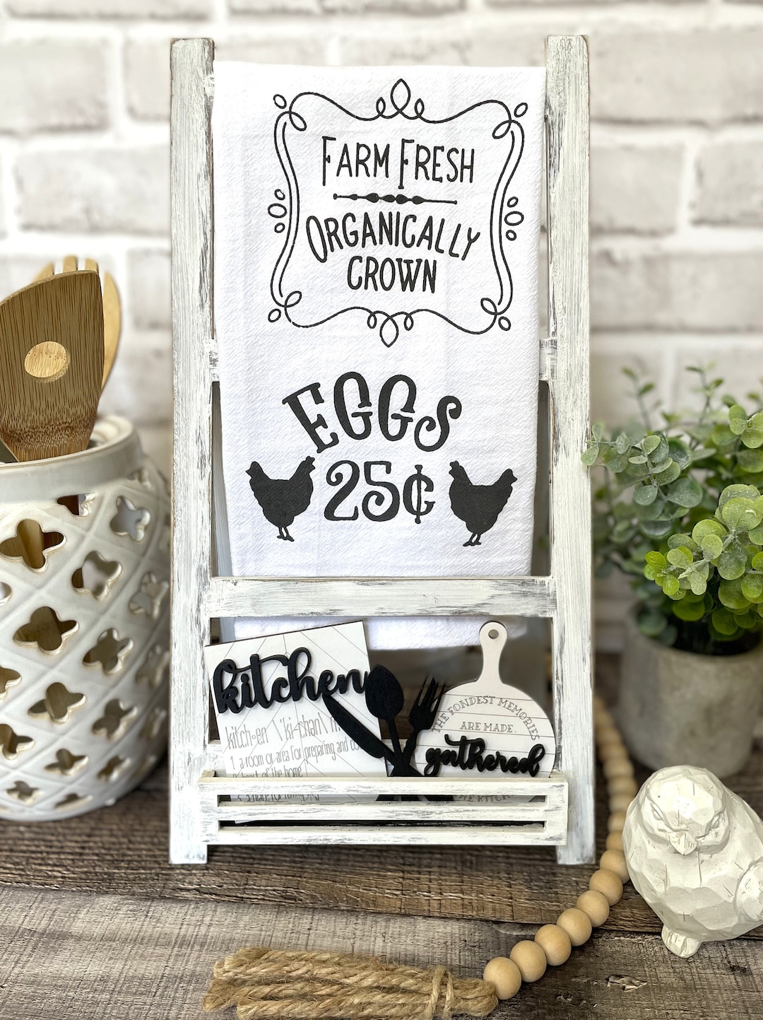 Tea Towel Holder With Basket for Mini Interchangeables, Farmhouse