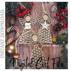 May include: Wooden angel ornaments with cut-out designs, personalized with names. The image includes a candy cane, Christmas tree, and text that says "Digital Cut File". The ornaments are hanging on twine.