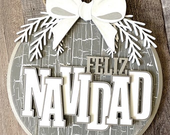 Glowforge Friendly - 10.5" Feliz Navidad Door Hanger w/Greens and Bow SVG, Feliz Navdad Door Décor SVG, Digital File only