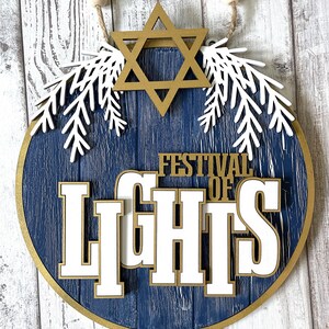For Large Lasers - 18&quot; Hanukkah Door Hanger w/Greens and Menorah and Star of David SVG, Festival of Lights Door SVG, Digital File only