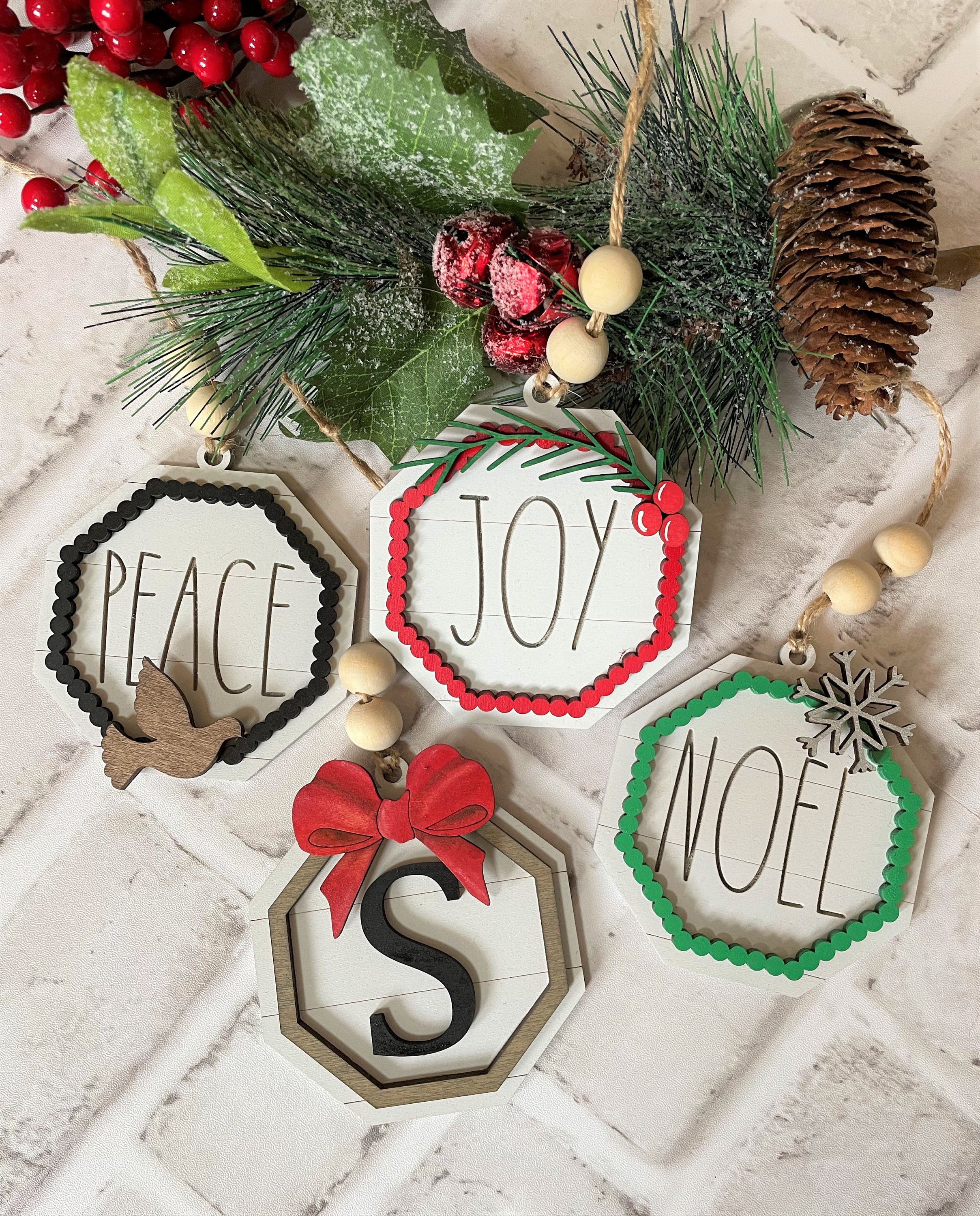 Farmhouse Christmas Ornaments Set of 3 | Red White Wood Slices - Believe  Noel Joy - Jarful House