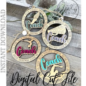 May include: Four wooden coach ornaments with different sports figures and the word "Coach" in various colours. The ornaments have a circular design with words like "supportive" and "knowledgeable" around the edge. The text "Instant Download" and "Digital Cut File" are also visible.