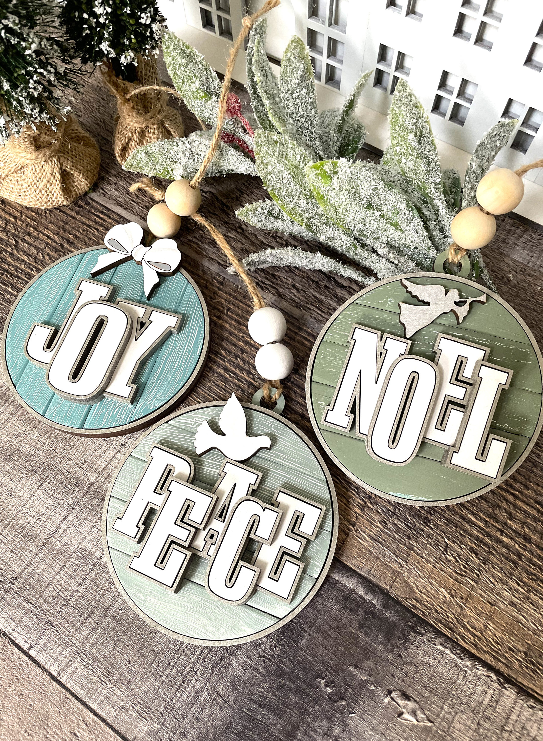 3D Vintage Christmas Ornaments, Joy Peace Noel, Laser Cut Files
