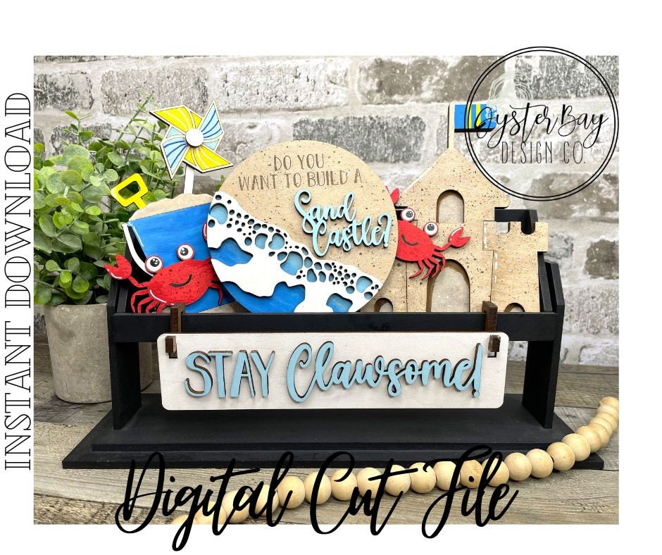 Add on for Interchangeable Wagon/Crate/Raised Shelf Sitter- Sand Castle and Crabs Tiered Tray, Summer, Beach Tiered Tray **Digital File Only
