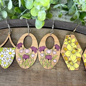 Floral Wood Earrings SVG - Hand Drawn Floral Wood Earring Set Svg, 3 Styles Included Plus Optional tops, ****DIGITAL File ONLY