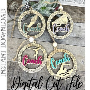May include: Four wooden coach ornaments featuring sports figures and the word "Coach" in different colours. Each ornament has a circular design with positive attributes around the edge. The words "Instant Download" and "Digital Cut File" are also visible.