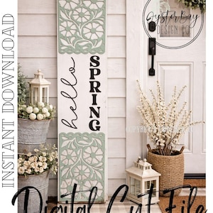Peut inclure: Panneau en bois blanc avec un motif floral et les mots "hello SPRING" en écriture noire. Le panneau est décoré d'un motif floral vert clair. Les mots "INSTANT DOWNLOAD" et "Digital Cut File" sont également visibles.