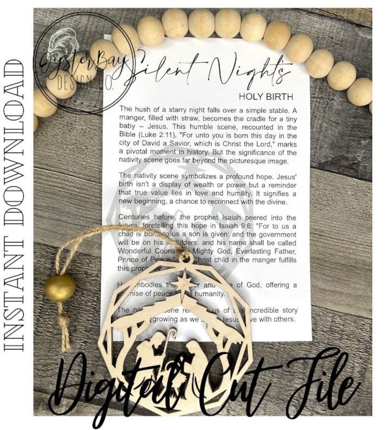 May include: A wooden ornament shaped like a nativity scene with a cutout design. The ornament is painted brown and features the text "Silent Nights Holy Birth". The text on the ornament reads: "The hush of a starry night falls over a simple stable. A manger, filled with straw, becomes the cradle for a tiny baby - Jesus. This humble scene, recounted in the Bible (Luke 2:11), 'For unto you is born this day in the city of David a Savior, which is Christ the Lord,' marks a pivotal moment in history. But the significance of the nativity scene goes far beyond the picturesque image."