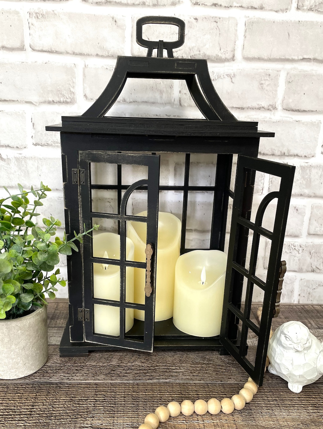 Double Door Farmhouse Lantern, Rustic Farmhouse Lantern, Faux Candle