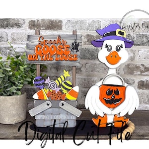 May include: A Halloween wooden goose figure with a witch's hat and a pumpkin basket. A sign saying "Spooky Goose on the Loose" is beside a basket of sweets. The design uses orange, purple, and white. The image is a digital download.