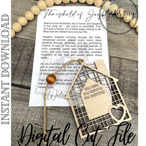 May include: A wooden house-shaped cutout with a heart-shaped opening and the text "New Home, New Memories, New Beginnings". The cutout is attached to a piece of twine and a card with a message about a new home.